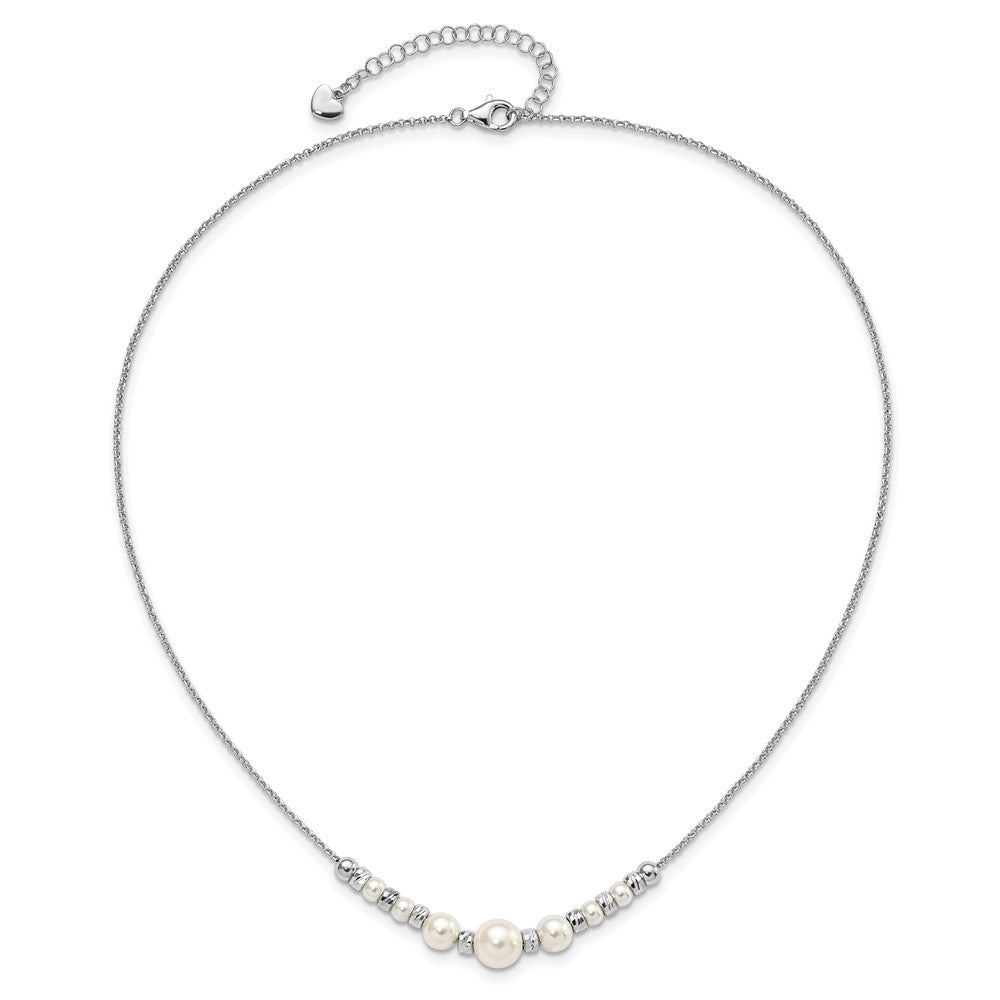Sterling Silver Rh-Pltd Diamond-Cut Bead Glass Pearl W/2In Ext Necklace