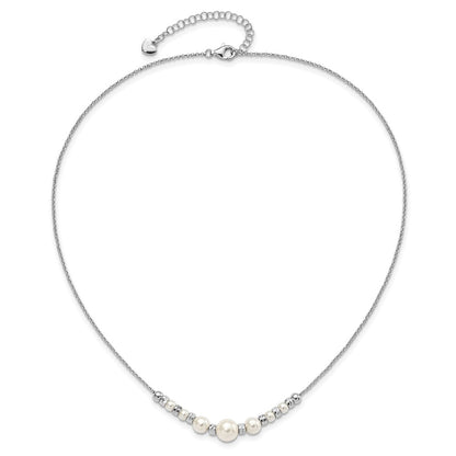 Sterling Silver Rh-Pltd Diamond-Cut Bead Glass Pearl W/2In Ext Necklace