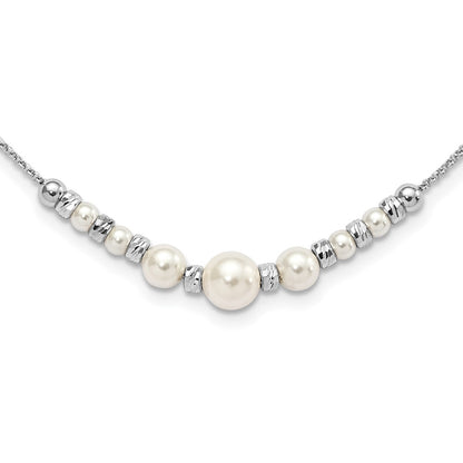 Sterling Silver Rh-Pltd Diamond-Cut Bead Glass Pearl W/2In Ext Necklace