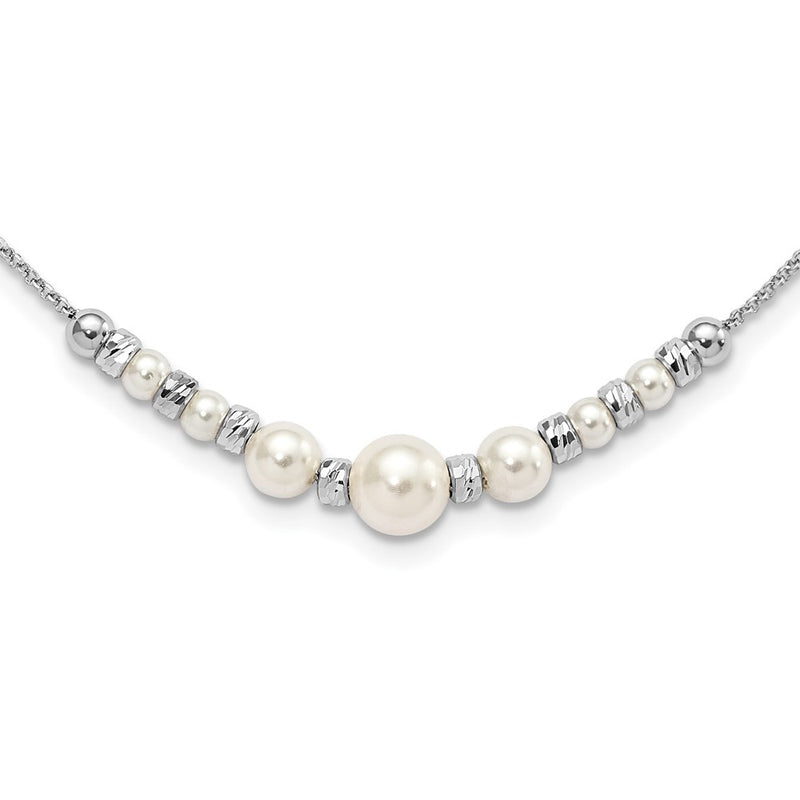 Sterling Silver Rh-Pltd Diamond-Cut Bead Glass Pearl W/2In Ext Necklace