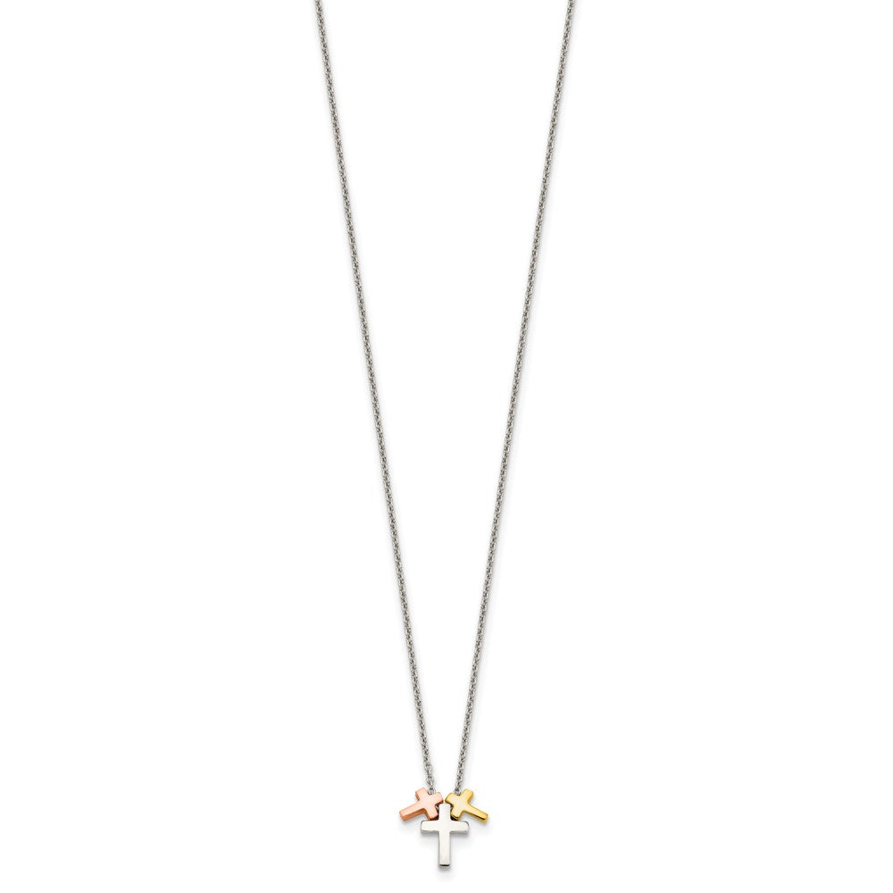 Sterling Silver Rose And Gold-Tone 3-Cross W/ 2In Ext. Necklace