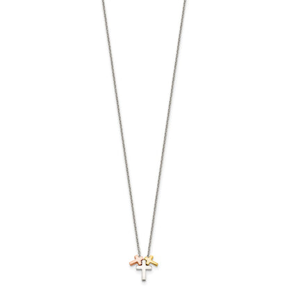 Sterling Silver Rose And Gold-Tone 3-Cross W/ 2In Ext. Necklace