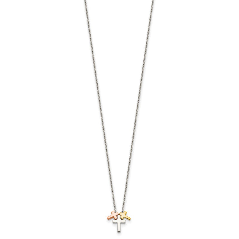 Sterling Silver Rose And Gold-Tone 3-Cross W/ 2In Ext. Necklace