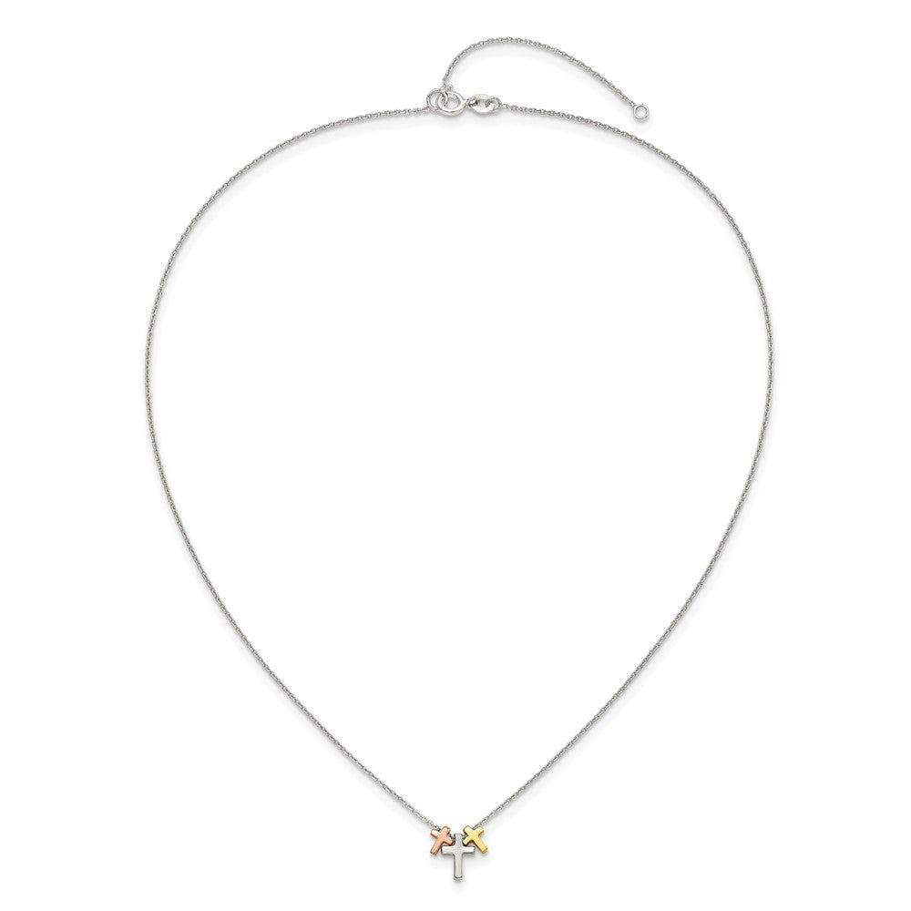 Sterling Silver Rose And Gold-Tone 3-Cross W/ 2In Ext. Necklace