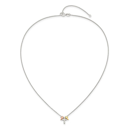 Sterling Silver Rose And Gold-Tone 3-Cross W/ 2In Ext. Necklace