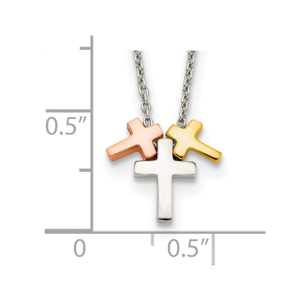Sterling Silver Rose And Gold-Tone 3-Cross W/ 2In Ext. Necklace