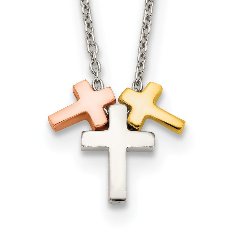 Sterling Silver Rose And Gold-Tone 3-Cross W/ 2In Ext. Necklace
