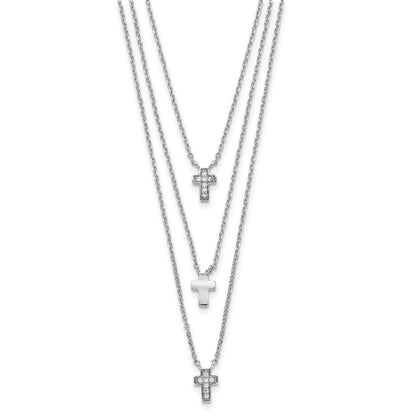 Sterling Silver Rh-Plated Three Strand Cz Cross Necklace