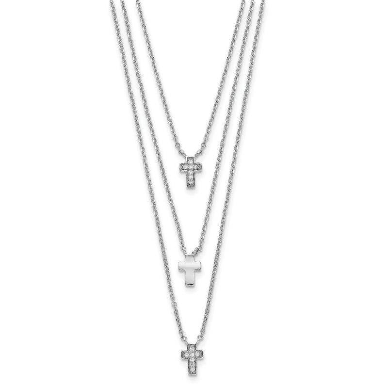 Sterling Silver Rh-Plated Three Strand Cz Cross Necklace