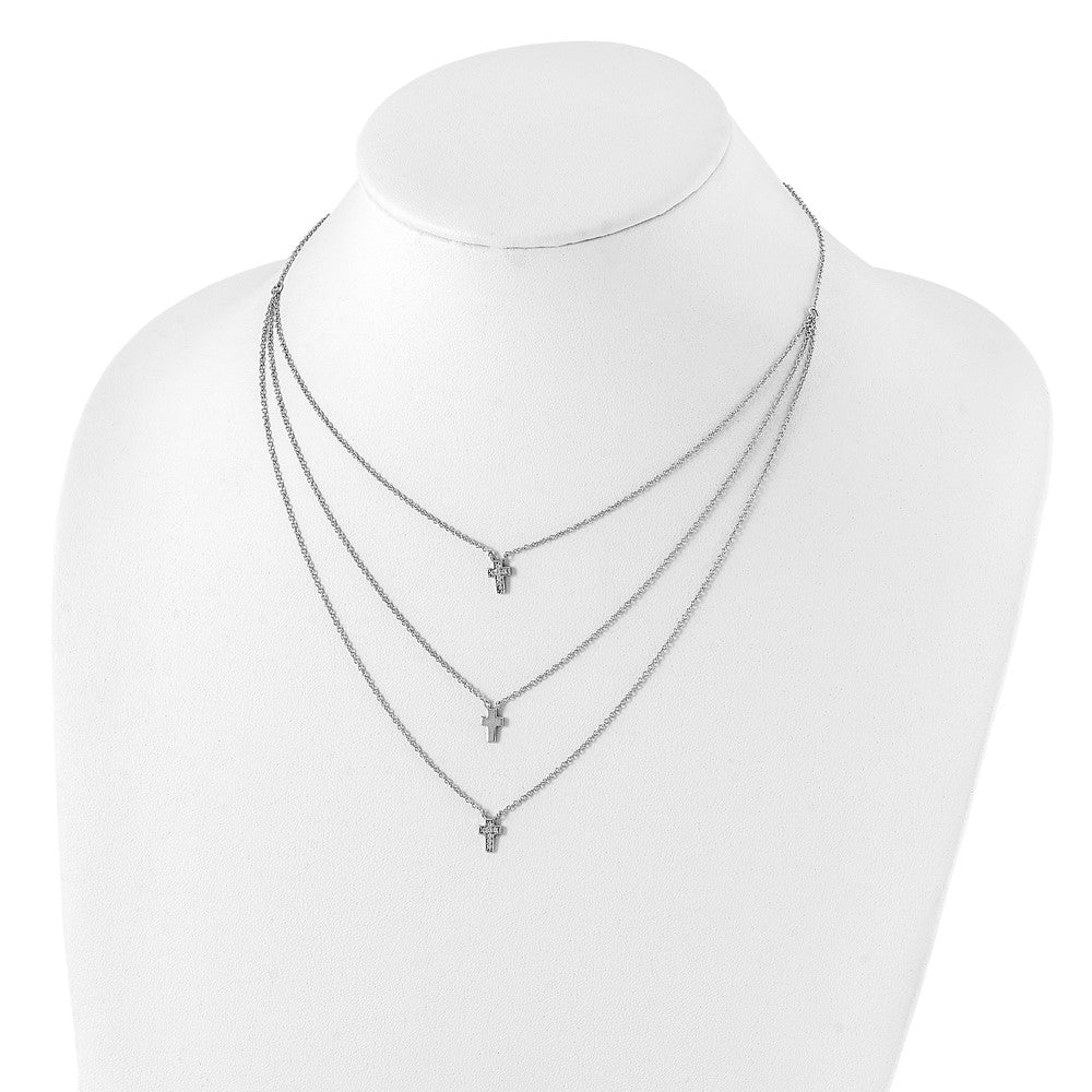 Sterling Silver Rh-Plated Three Strand Cz Cross Necklace