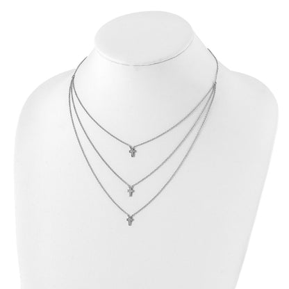 Sterling Silver Rh-Plated Three Strand Cz Cross Necklace