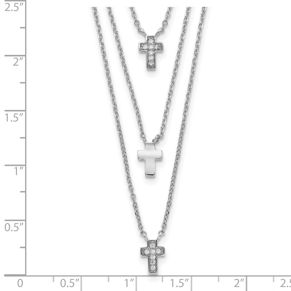 Sterling Silver Rh-Plated Three Strand Cz Cross Necklace