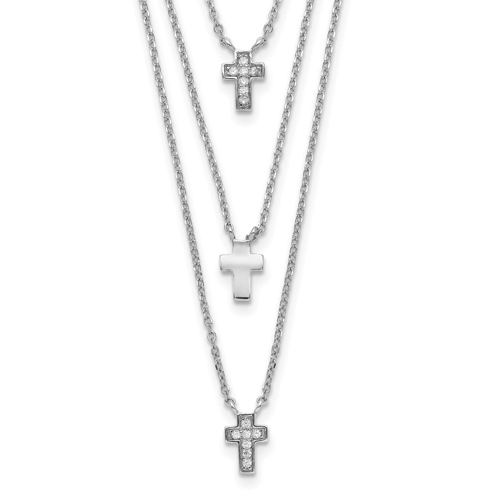Sterling Silver Rh-Plated Three Strand Cz Cross Necklace