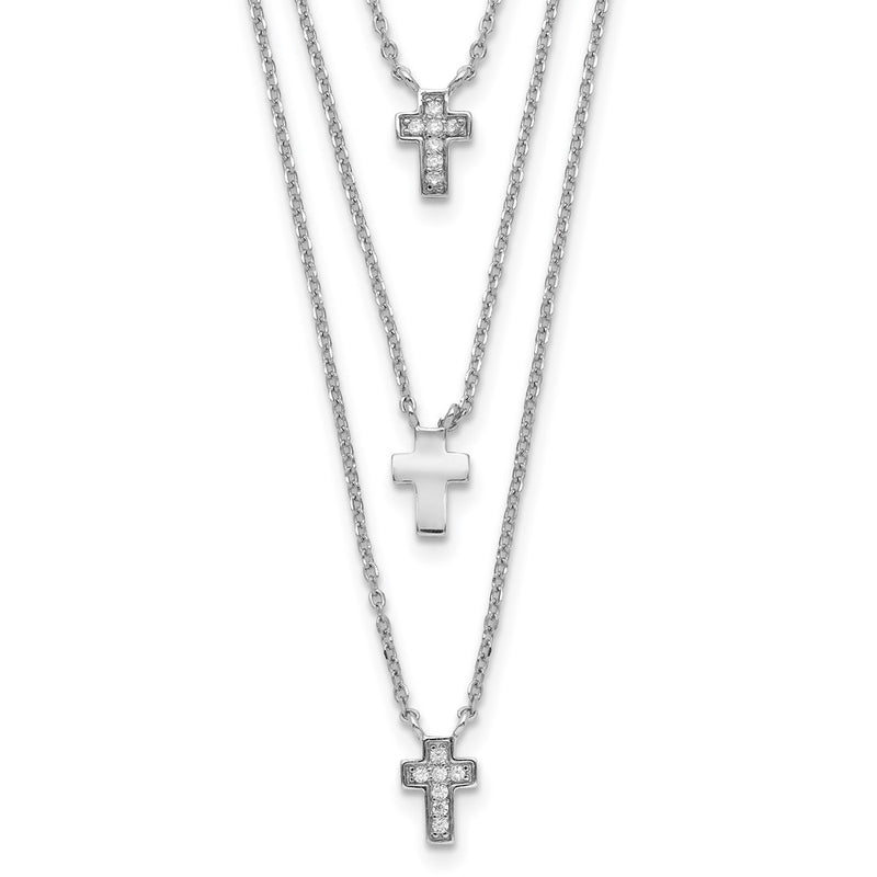Sterling Silver Rh-Plated Three Strand Cz Cross Necklace