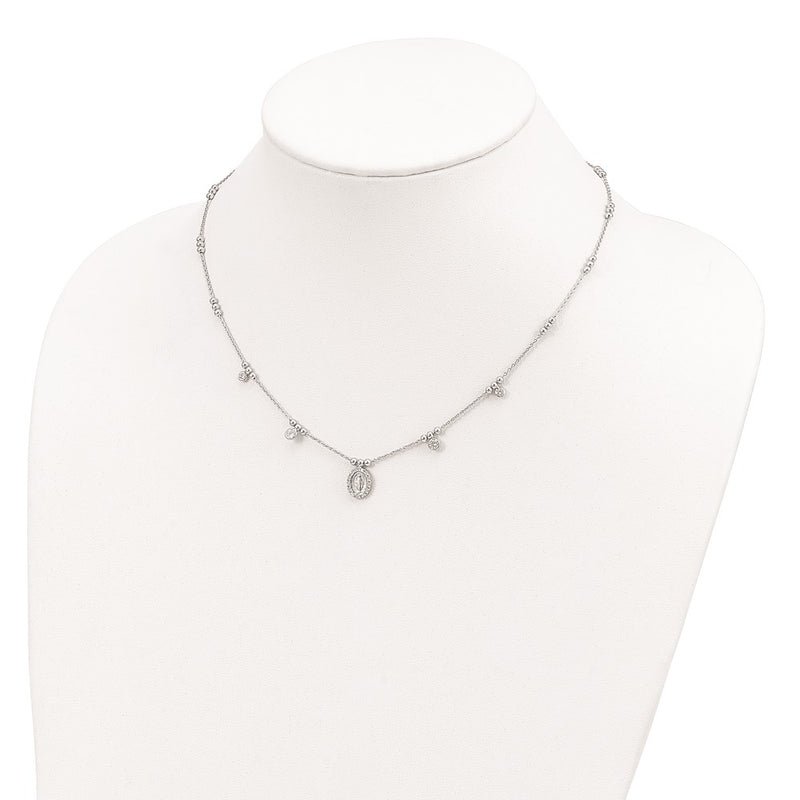 Sterling Silver Rh-Plated Cz Miraculous Medal W/1.5In Ext. Necklace