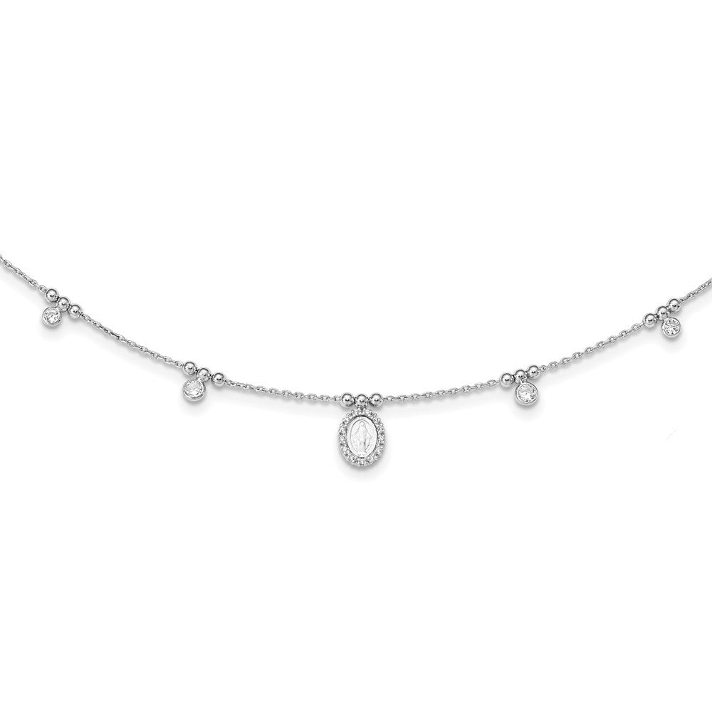 Sterling Silver Rh-Plated Cz Miraculous Medal W/1.5In Ext. Necklace
