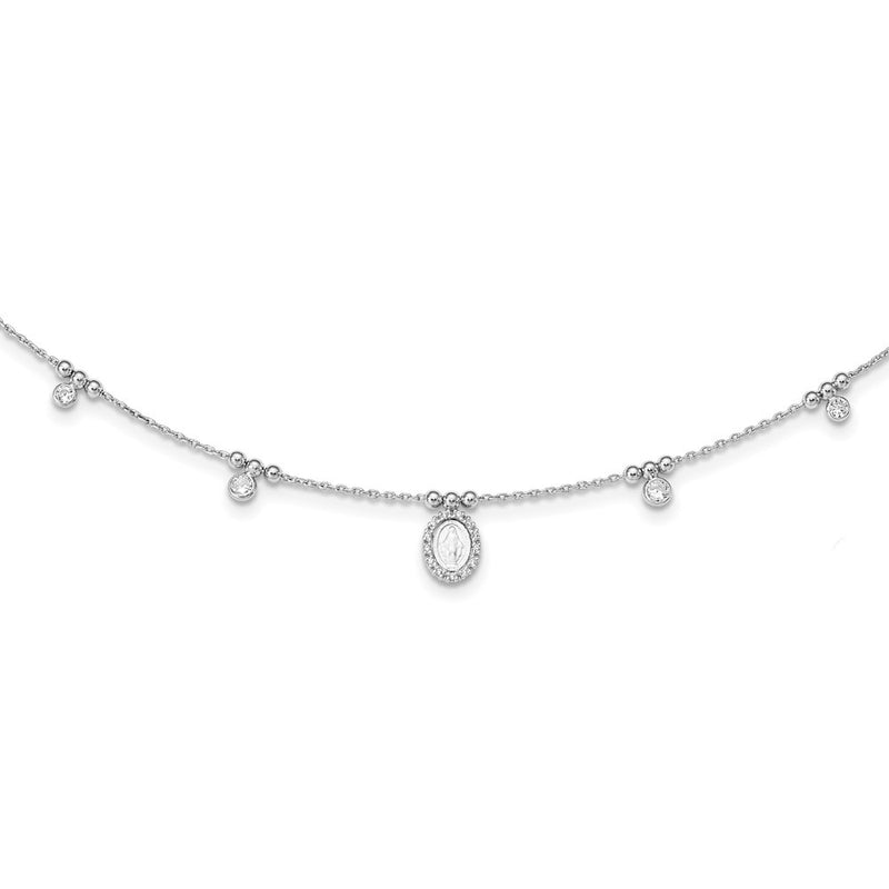 Sterling Silver Rh-Plated Cz Miraculous Medal W/1.5In Ext. Necklace