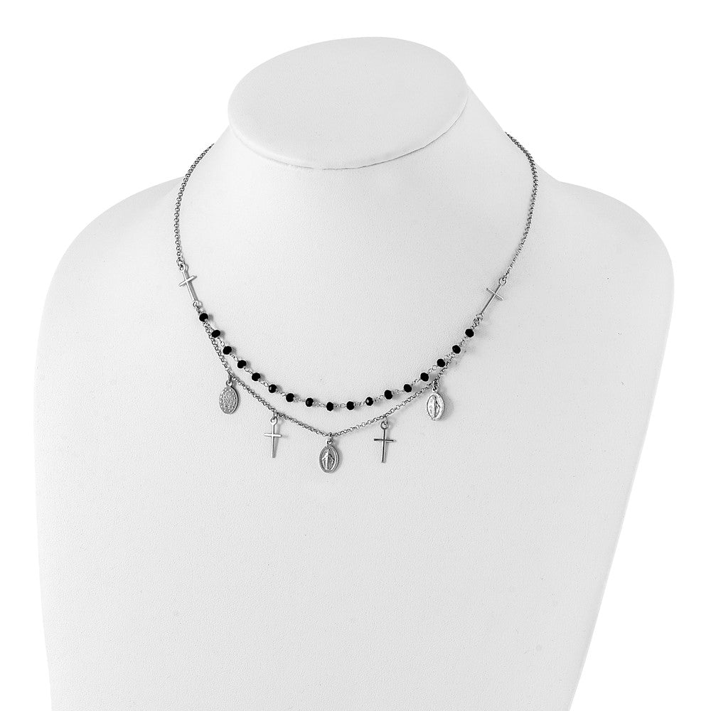 Sterling Silver Rh-Plated Black Beaded Cross/Miraculous Medal Necklace