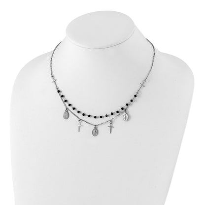 Sterling Silver Rh-Plated Black Beaded Cross/Miraculous Medal Necklace
