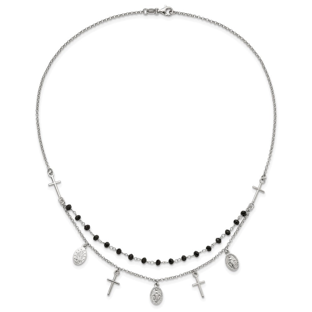 Sterling Silver Rh-Plated Black Beaded Cross/Miraculous Medal Necklace