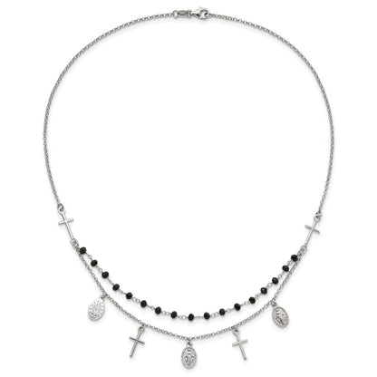 Sterling Silver Rh-Plated Black Beaded Cross/Miraculous Medal Necklace