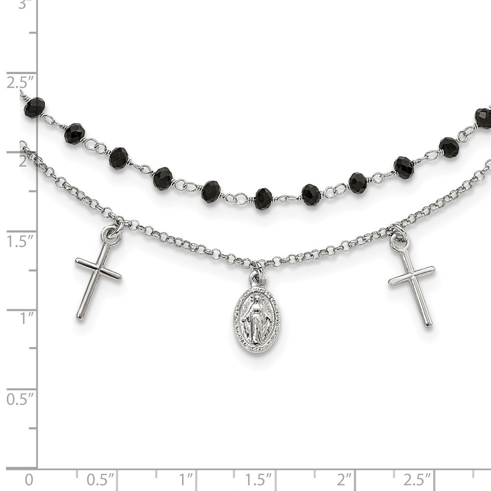 Sterling Silver Rh-Plated Black Beaded Cross/Miraculous Medal Necklace