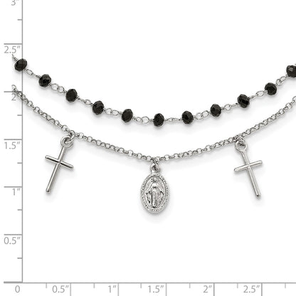 Sterling Silver Rh-Plated Black Beaded Cross/Miraculous Medal Necklace