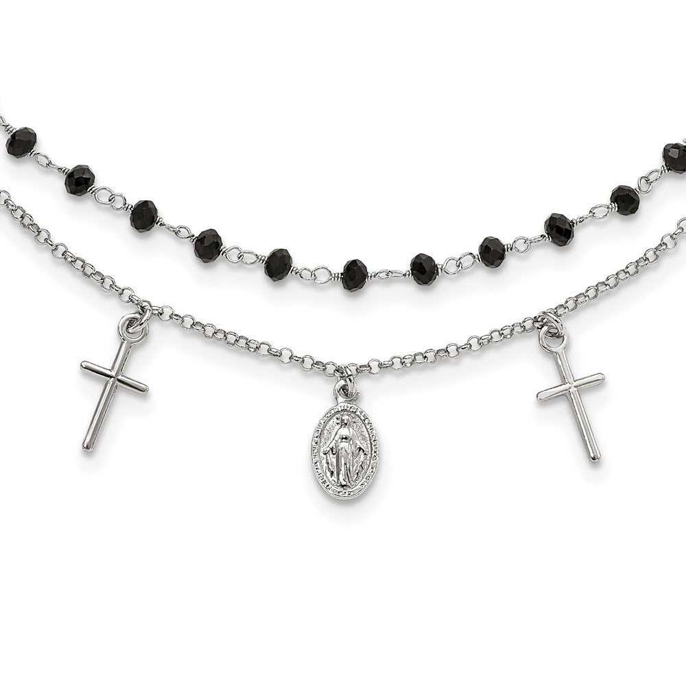 Sterling Silver Rh-Plated Black Beaded Cross/Miraculous Medal Necklace