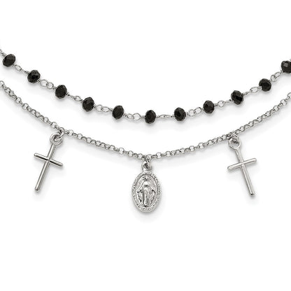 Sterling Silver Rh-Plated Black Beaded Cross/Miraculous Medal Necklace