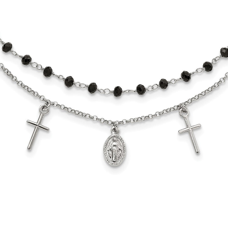 Sterling Silver Rh-Plated Black Beaded Cross/Miraculous Medal Necklace
