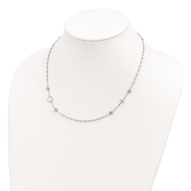 Sterling Silver Beaded With Rose-Tone Roses Religious 18 Inch Necklace 1 Extension