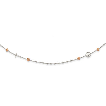 Sterling Silver Beaded With Rose-Tone Roses Religious 18 Inch Necklace 1 Extension
