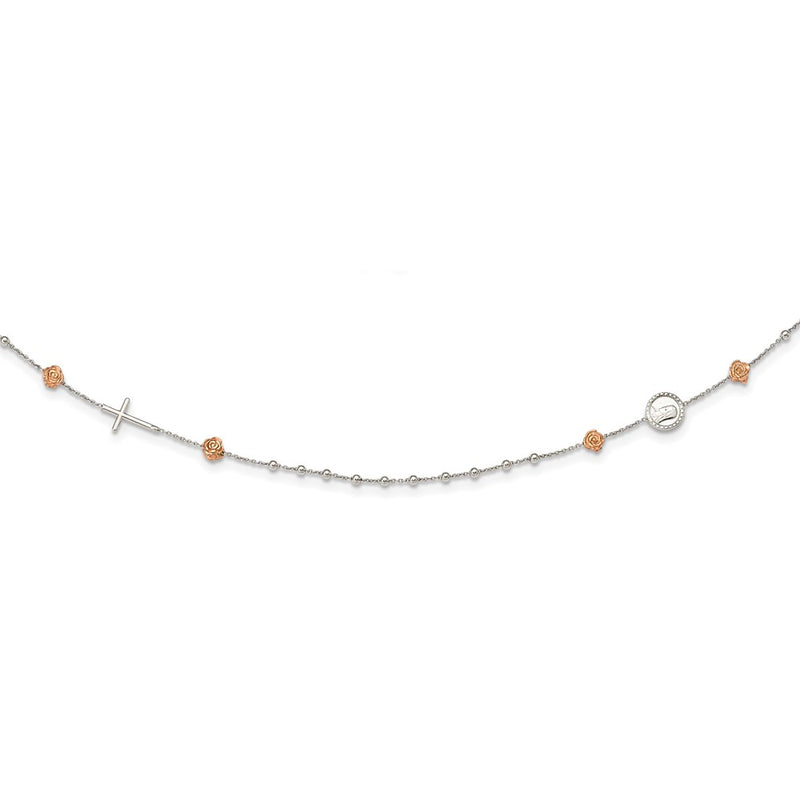 Sterling Silver Beaded With Rose-Tone Roses Religious 18 Inch Necklace 1 Extension
