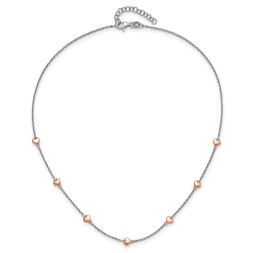 Sterling Silver Rh-Plated Rose Gold-Pltd 7-Heart 1.5In Ext. Necklace