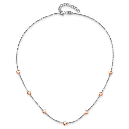 Sterling Silver Rh-Plated Rose Gold-Pltd 7-Heart 1.5In Ext. Necklace
