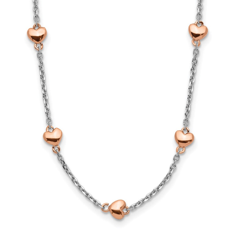 Sterling Silver Rh-Plated Rose Gold-Pltd 7-Heart 1.5In Ext. Necklace