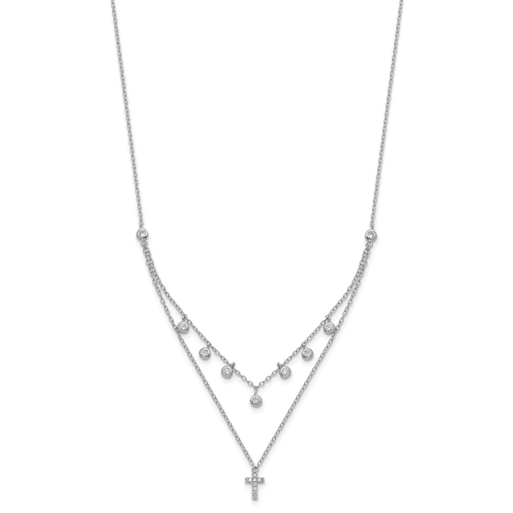 Sterling Silver Rhodium-Plated Cz Cross W/ 2In Ext. Necklace