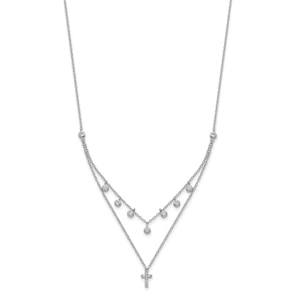 Sterling Silver Rhodium-Plated Cz Cross W/ 2In Ext. Necklace