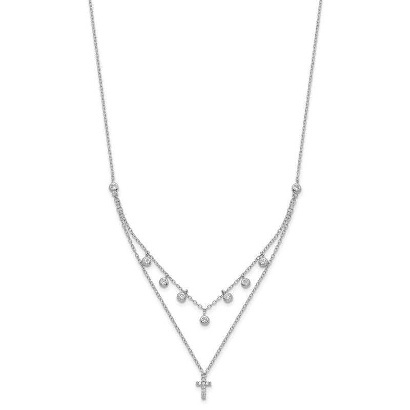 Sterling Silver Rhodium-Plated Cz Cross W/ 2In Ext. Necklace