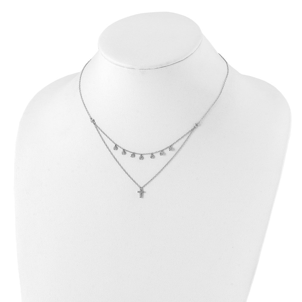 Sterling Silver Rhodium-Plated Cz Cross W/ 2In Ext. Necklace