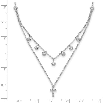Sterling Silver Rhodium-Plated Cz Cross W/ 2In Ext. Necklace