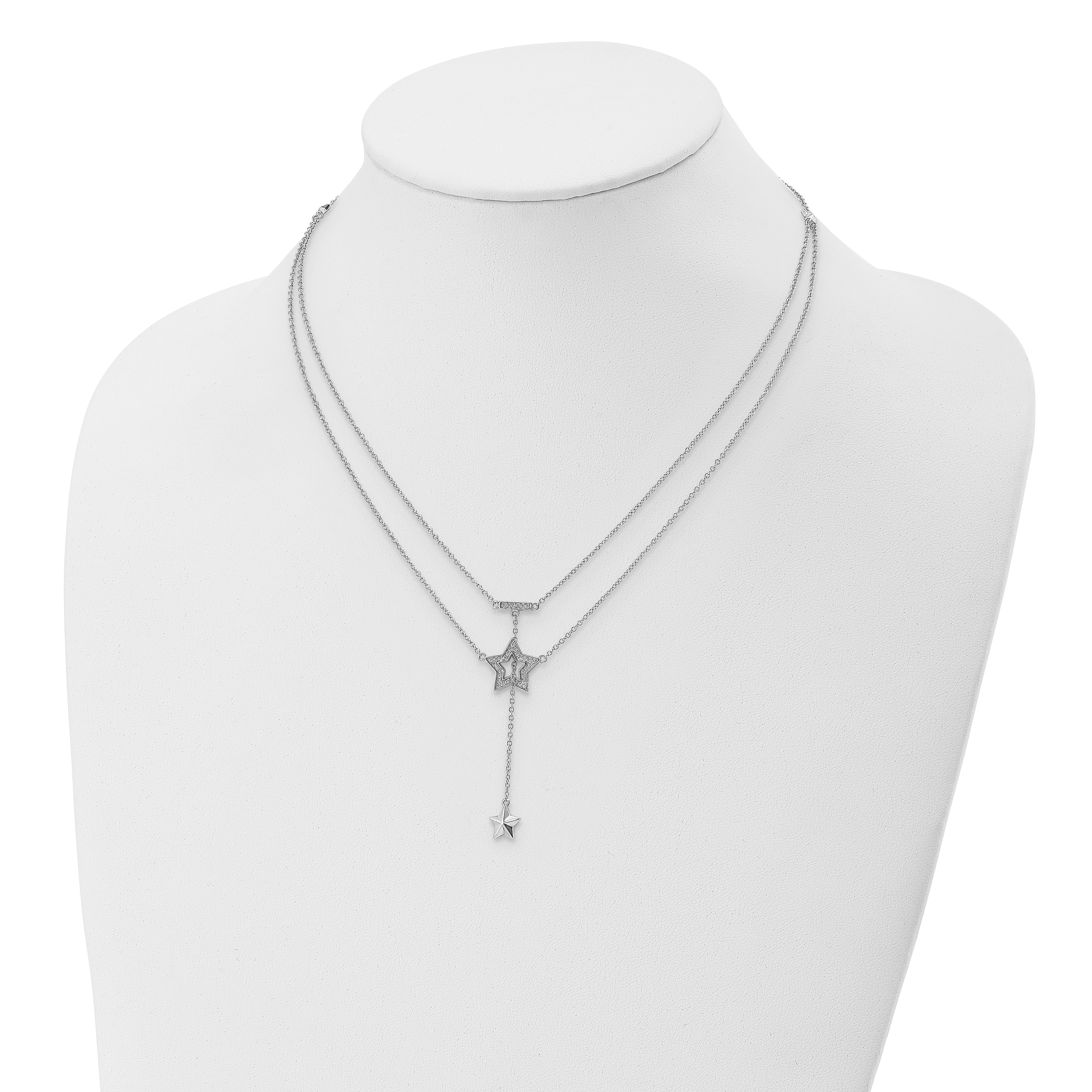 Sterling Silver Rhodium-Plated 2-Strand Cz Star W/1In. Ext. Necklace