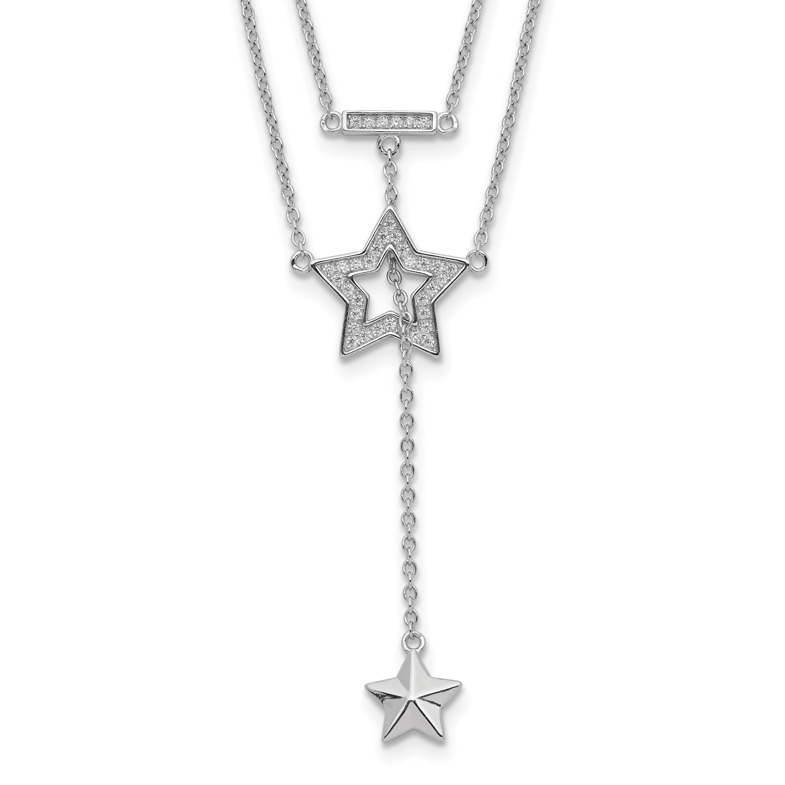 Sterling Silver Rhodium-Plated 2-Strand Cz Star W/1In. Ext. Necklace