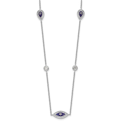 Sterling Silver Rhodium-Plated Enameled Cz Evil Eye Necklace
