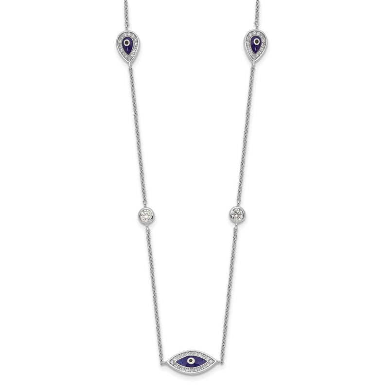 Sterling Silver Rhodium-Plated Enameled Cz Evil Eye Necklace