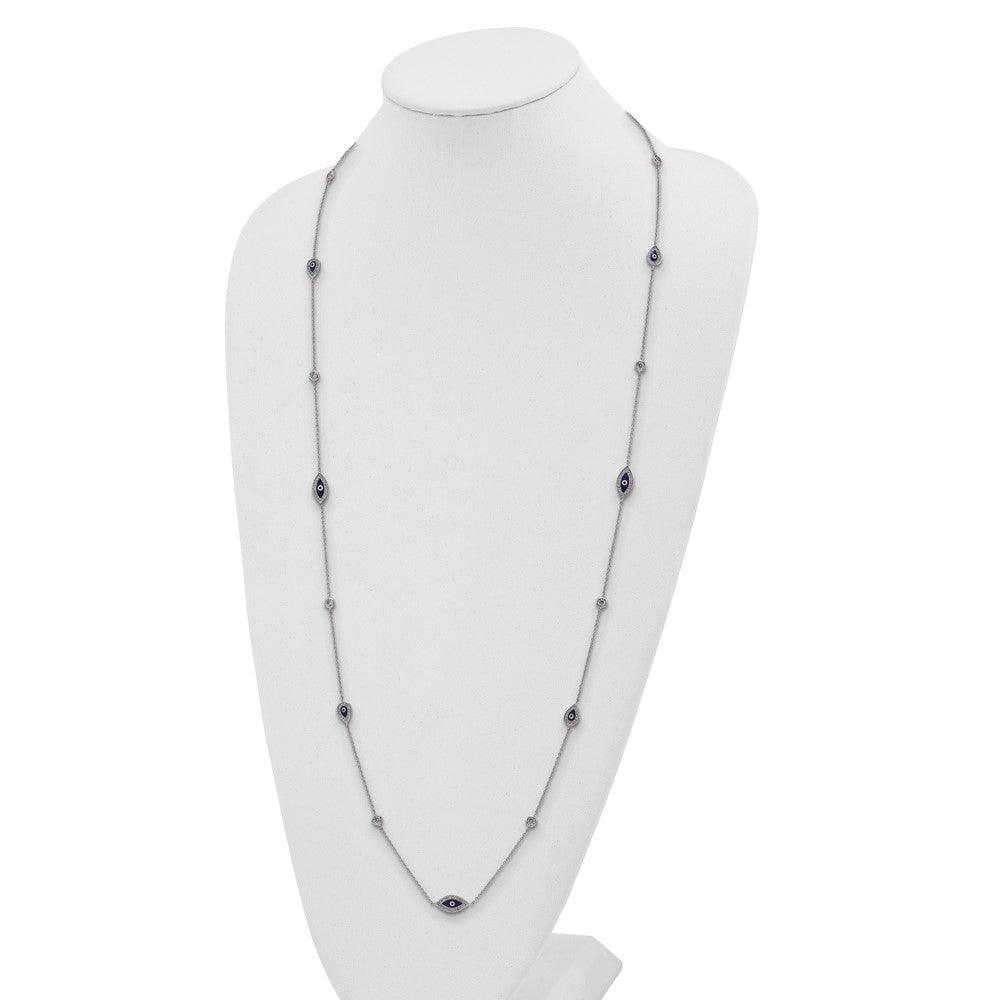 Sterling Silver Rhodium-Plated Enameled Cz Evil Eye Necklace