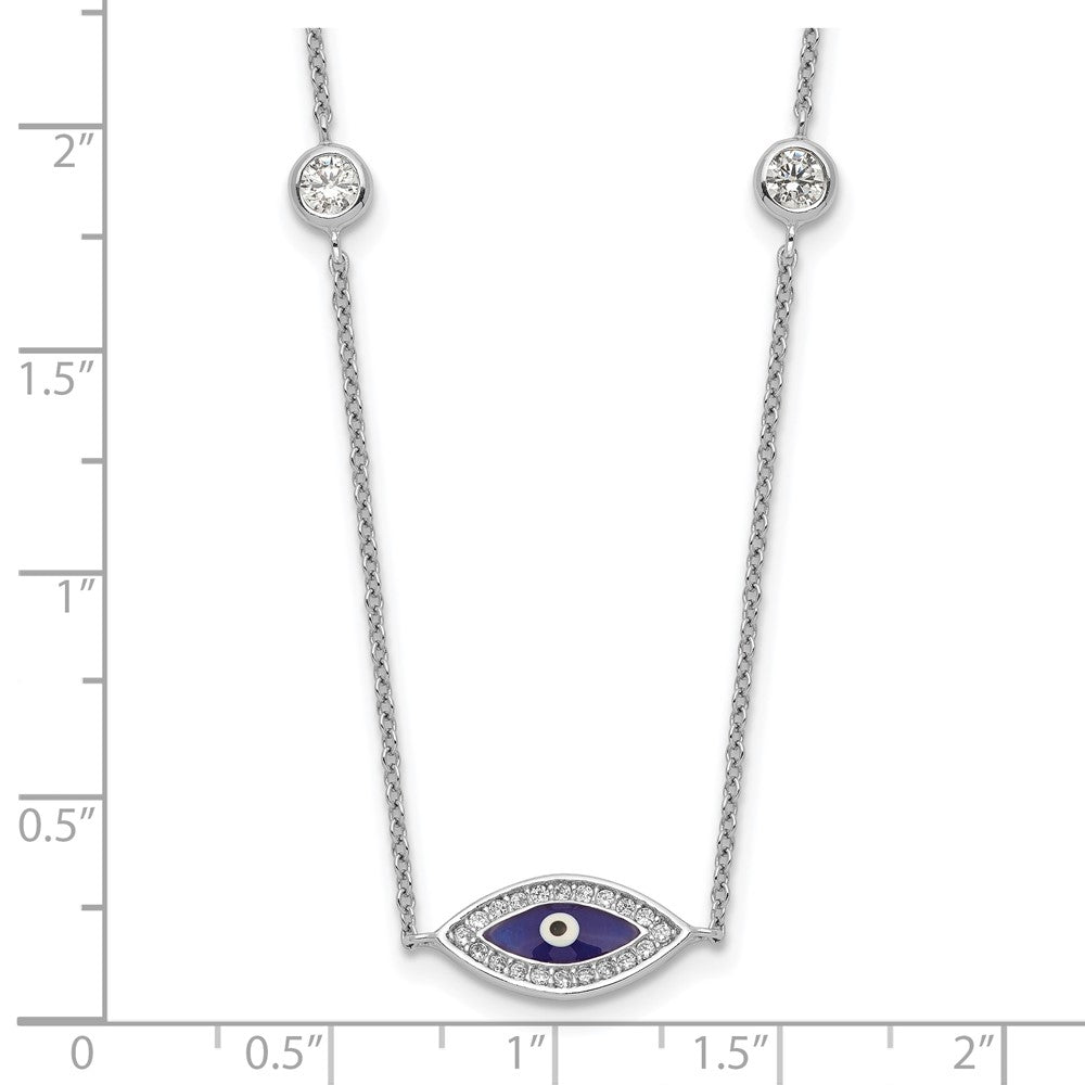 Sterling Silver Rhodium-Plated Enameled Cz Evil Eye Necklace