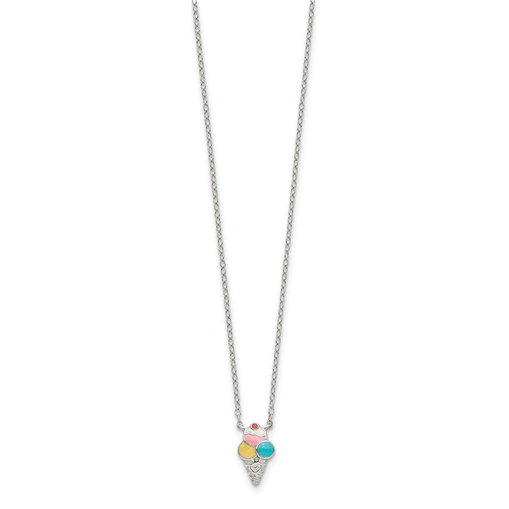 Sterling Silver Polished & Textured Multi-Color Enameled Ice Cream Cone With 2 Inch Extension Children'S Necklace