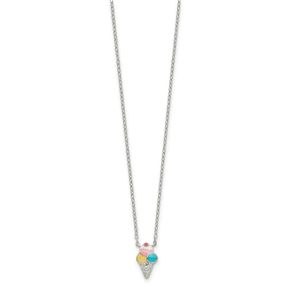 Sterling Silver Polished & Textured Multi-Color Enameled Ice Cream Cone With 2 Inch Extension Children'S Necklace