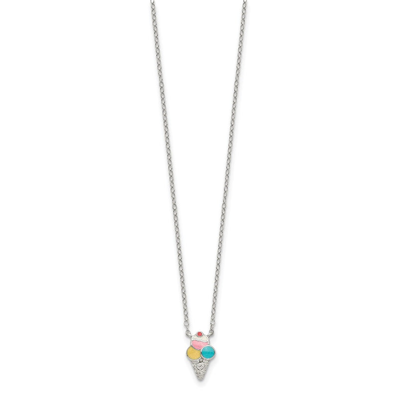 Sterling Silver Polished & Textured Multi-Color Enameled Ice Cream Cone With 2 Inch Extension Children'S Necklace